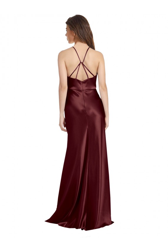 Spaghetti Straps Stretch Satin Sleeveless Burgundy Gold Formal Evening Gown / Prom Dress / Bridesmaid Dress Edinburgh