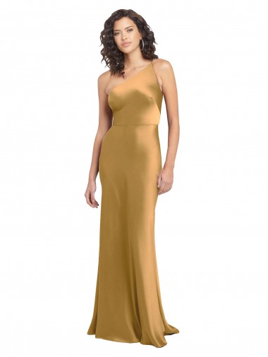 One Shoulder Stretch Satin Sleeveless Gold Formal Evening Gown / Prom Dress / Bridesmaid Dress Edinburgh