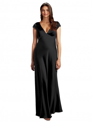 V-Neck Stretch Satin Cap Sleeves Keyhole Back Black Formal Evening Gown / Prom Dress / Bridesmaid Dress Edinburgh