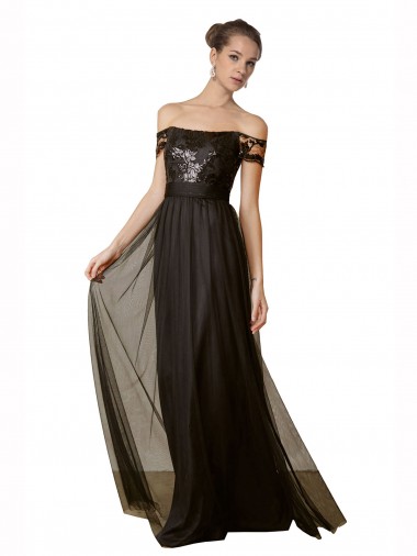Off the Shoulder Tulle & Sequin Sleeveless Black Bridesmaid Dress Edinburgh