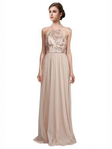 Halter Neck Tulle Sleeveless Nude Bridesmaid Dress Edinburgh