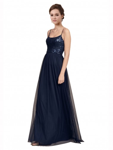Spaghetti Straps Tulle & Lace Sleeveless Dark Navy Bridesmaid Dress Edinburgh
