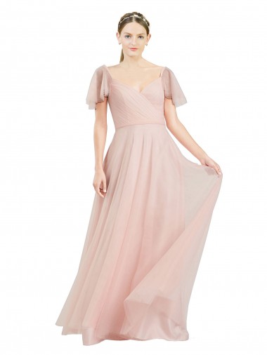 V-Neck Tulle Flutter Sleeves Pink Formal Dress / Bridesmaid Dress Edinburgh