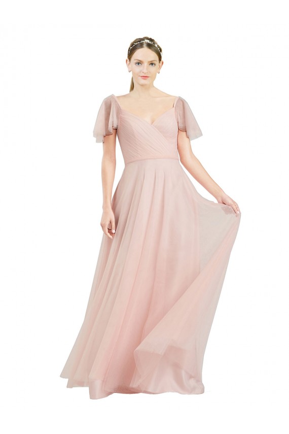 V-Neck Tulle Flutter Sleeves Pink Formal Dress / Bridesmaid Dress Edinburgh