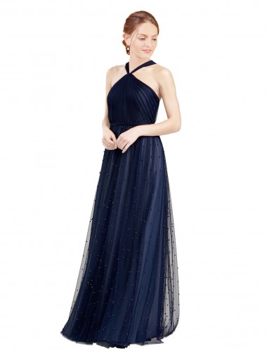 Halter Neck Tulle Sleeveless Navy Blue Bridesmaid Dress / Evening Dress Edinburgh