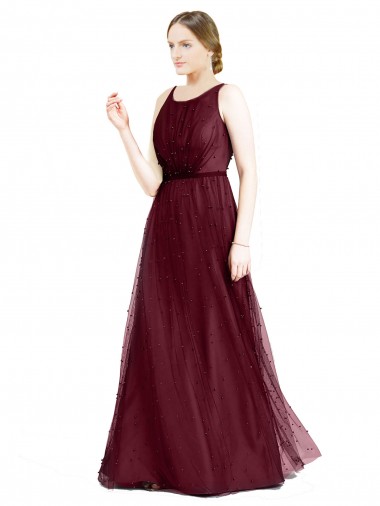 Boat Neck Tulle Sleeveless Keyhole Back Burgundy Semi Formal Evening Dress / Bridesmaid Dress Edinburgh