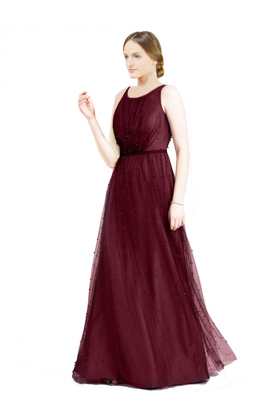 Boat Neck Tulle Sleeveless Keyhole Back Burgundy Semi Formal Evening Dress / Bridesmaid Dress Edinburgh