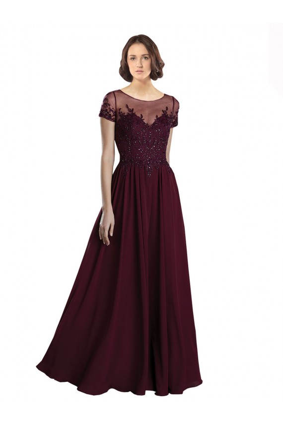 Jewel Neck Tulle & Soft Chiffon Cap Sleeves Burgundy Gold Bridesmaid Dress Edinburgh