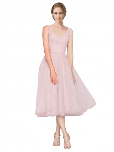 V-Neck Tulle Sleeveless Tea Length Pink Bridesmaid Dress Edinburgh
