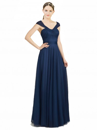 V-Neck Tulle Sleeveless Open Back Dark Navy Bridesmaid Dress Edinburgh