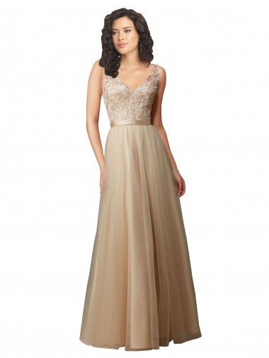 V-Neck Tulle & Lace Sleeveless Long Champagne Bridesmaid Dress Edinburgh