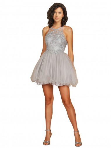 Halter Neck Tulle Sleeveless Criss Cross Open Back Silver Bridesmaid Dress Edinburgh