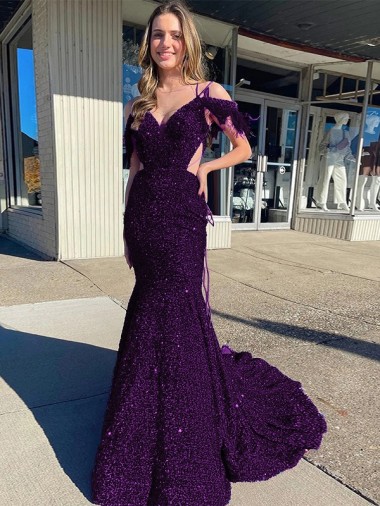 Spaghetti Straps Velvet Sequin Sleeveless Plum Purple Prom Dress / Evening Dress Edinburgh