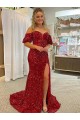 Off the Shoulder Velvet Sequin Short Sleeves Court Train Red Prom Dress / Evening Dress Edinburgh