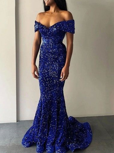 Off the Shoulder Velvet Sequin Sleeveless Royal Blue Prom Dresses Edinburgh