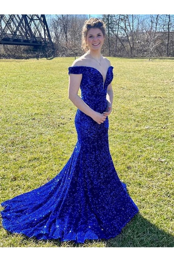 Off the Shoulder Velvet Sequin Sleeveless Royal Blue Prom Dress Edinburgh