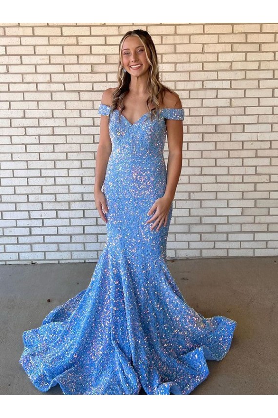 Off the Shoulder Velvet Sequin Sleeveless Periwinkle Prom Dress / Evening Dress Edinburgh