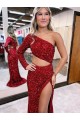 One Shoulder Velvet Sequin Long Sleeves Burgundy Evening Dress Edinburgh
