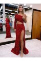 One Shoulder Velvet Sequin Long Sleeves Burgundy Evening Dress Edinburgh
