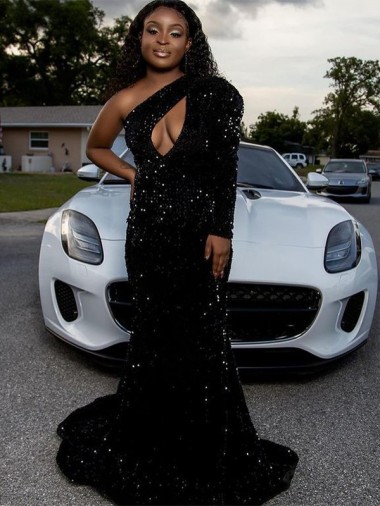One Shoulder Velvet Sequin Long Sleeves Black Prom Dress Edinburgh