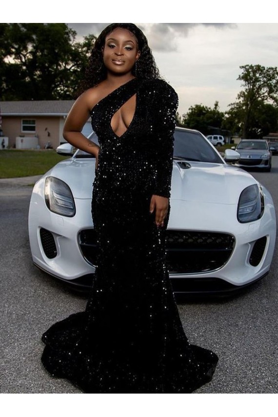 One Shoulder Velvet Sequin Long Sleeves Black Prom Dress Edinburgh