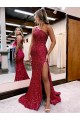 One Shoulder Velvet Sequin Sleeveless Burgundy Evening Dress Edinburgh