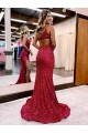 One Shoulder Velvet Sequin Sleeveless Burgundy Evening Dress Edinburgh