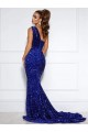 One Shoulder Velvet Sequin Sleeveless Royal Blue Prom Dress / Evening Dress Edinburgh