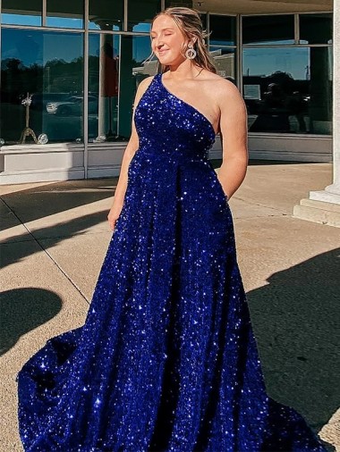 One Shoulder Velvet Sequin Sleeveless Royal Blue Prom Dress / Evening Gown Edinburgh