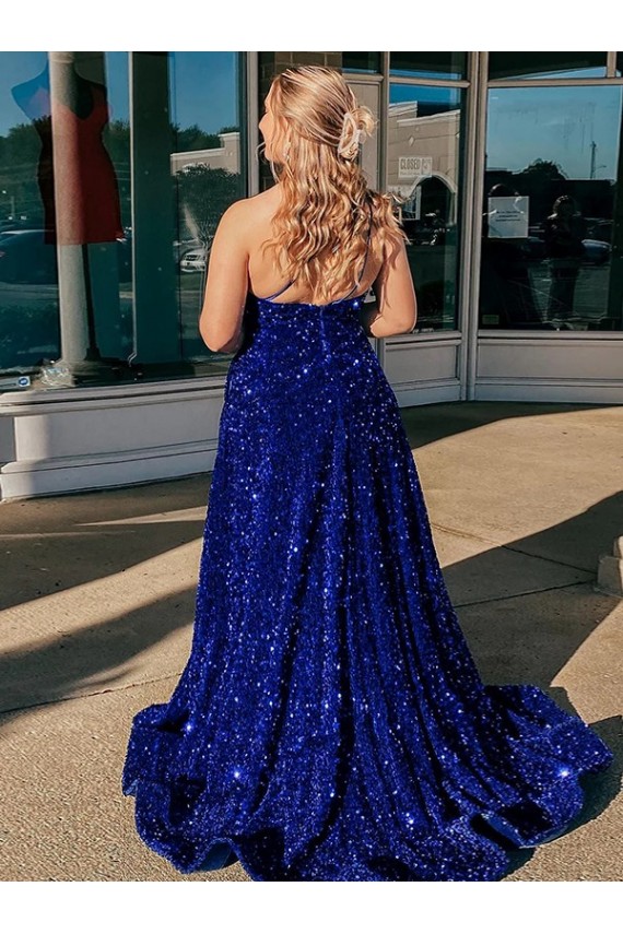 One Shoulder Velvet Sequin Sleeveless Royal Blue Prom Dress / Evening Gown Edinburgh