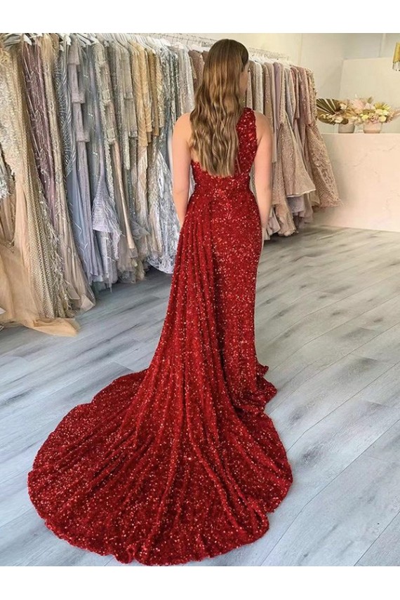 One Shoulder Velvet Sequin Sleeveless Court Train Burgundy Prom Dress Edinburgh