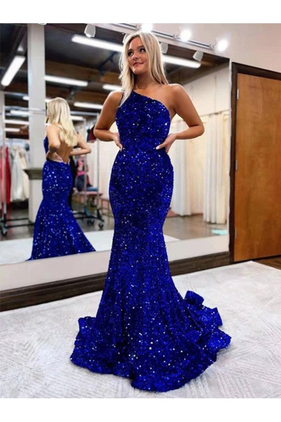 One Shoulder Velvet Sequin Sleeveless Royal Blue Prom Dress Edinburgh