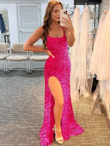 Spaghetti Straps Velvet Sequin Sleeveless Fuchsia Prom Dress / Evening Gown Edinburgh