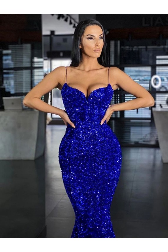 Spaghetti Straps Velvet Sequin Sleeveless Sweep Train Royal Blue Evening Gown / Prom Dress Edinburgh