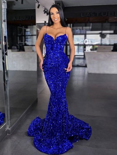Spaghetti Straps Velvet Sequin Sleeveless Sweep Train Royal Blue Evening Gown / Prom Dress Edinburgh