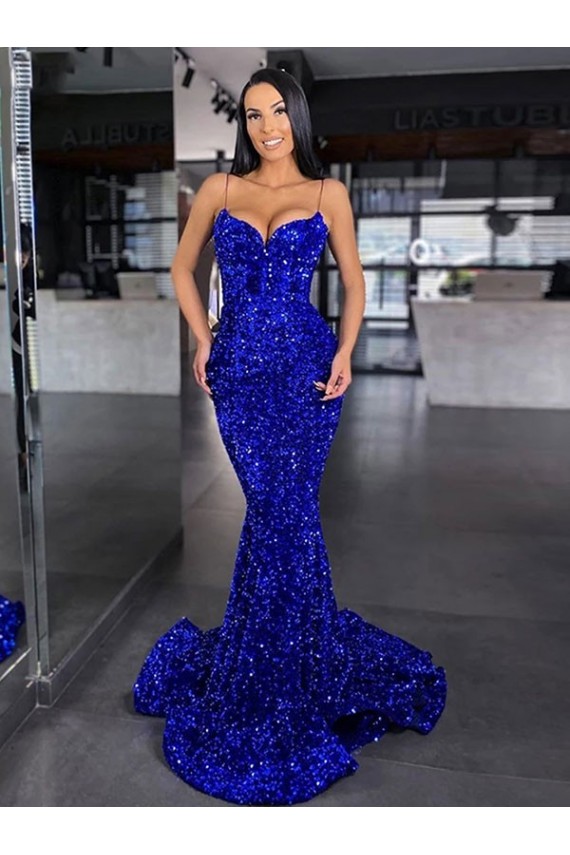 Spaghetti Straps Velvet Sequin Sleeveless Sweep Train Royal Blue Evening Gown / Prom Dress Edinburgh