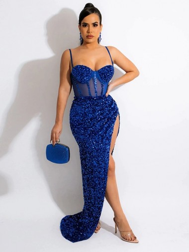 Spaghetti Straps Velvet Sequin Sleeveless Royal Blue Evening Dress Edinburgh