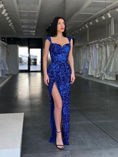 Spaghetti Straps Velvet Sequin Sleeveless Royal Blue Evening Gown / Prom Dress Edinburgh