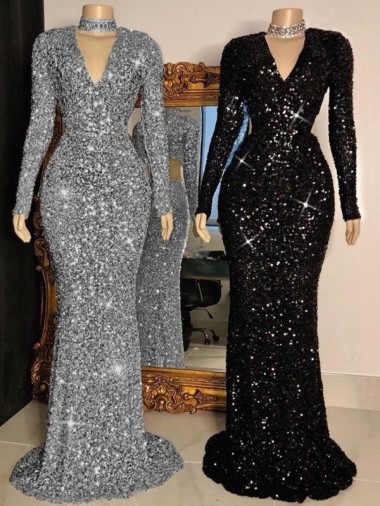 V-Neck Velvet Sequin Long Sleeves Black Prom Dress Edinburgh