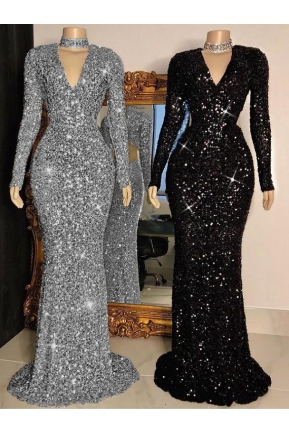 V-Neck Velvet Sequin Long Sleeves Black Prom Dress Edinburgh