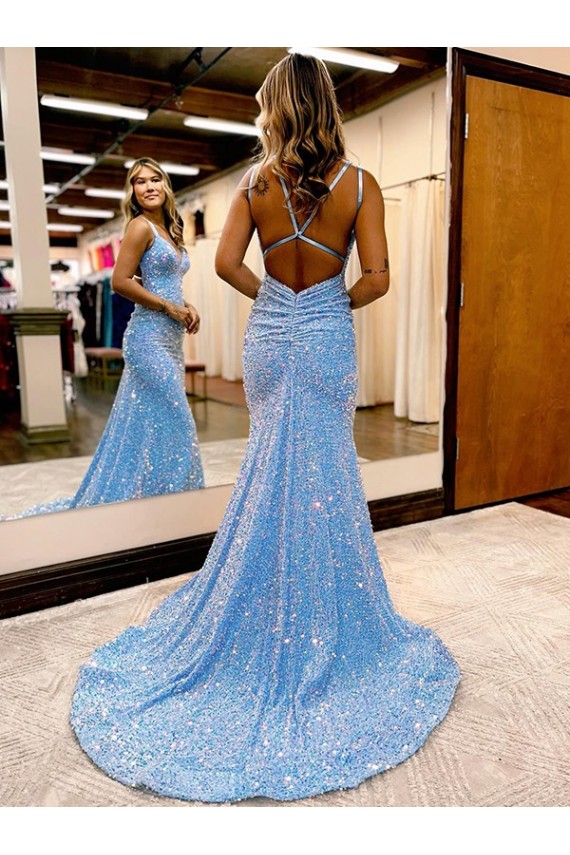 V-Neck Velvet Sequin Sleeveless Periwinkle Evening Gown Edinburgh