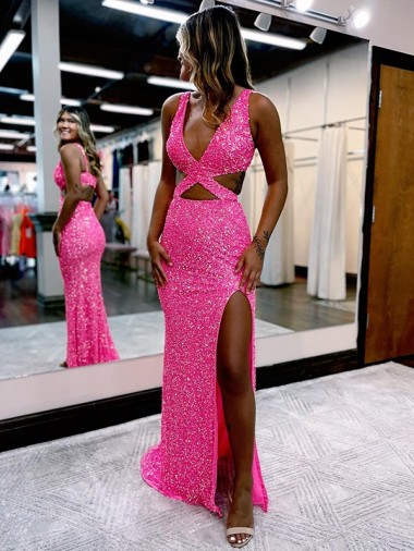 V-Neck Velvet Sequin Sleeveless Long Sweep Train Evening Dress Edinburgh