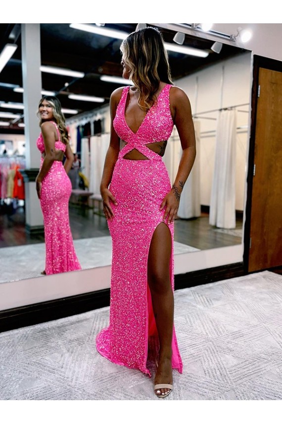 V-Neck Velvet Sequin Sleeveless Long Sweep Train Evening Dress Edinburgh