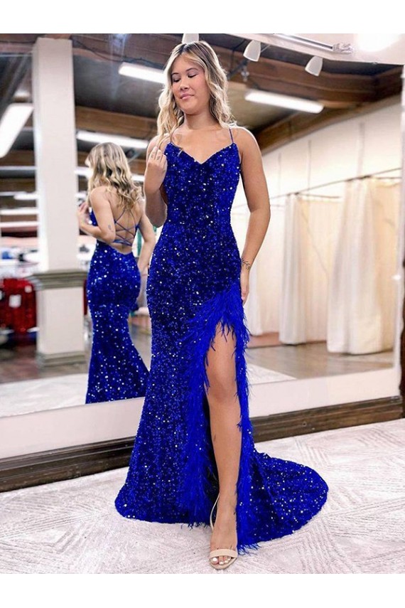 V-Neck Velvet Sequin Sleeveless Royal Blue Evening Dress Edinburgh