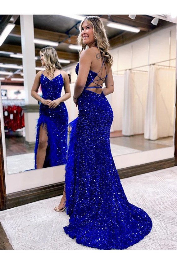 V-Neck Velvet Sequin Sleeveless Royal Blue Evening Dress Edinburgh