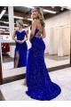 V-Neck Velvet Sequin Sleeveless Royal Blue Evening Dress Edinburgh