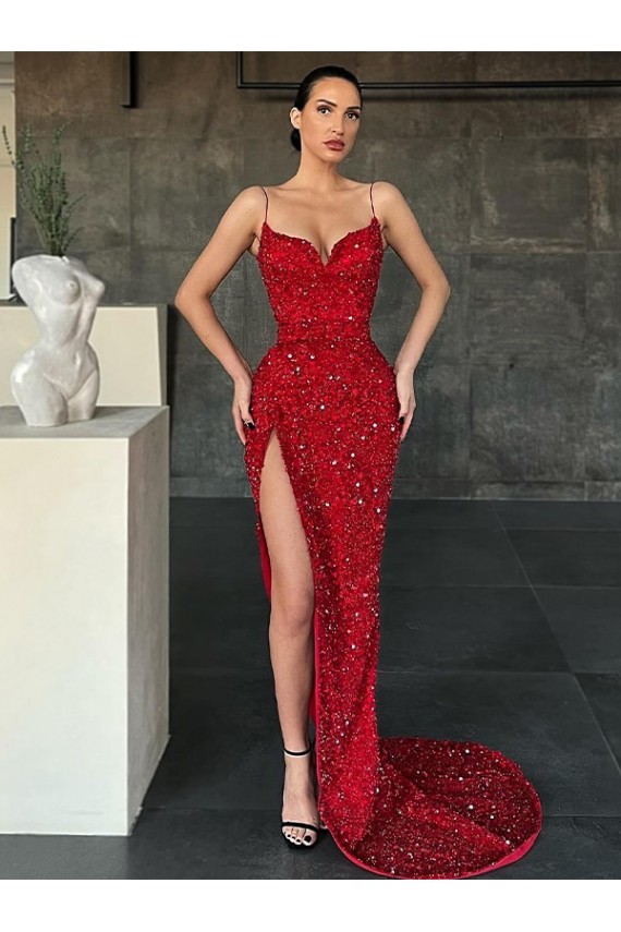 V-Neck Velvet Sequin Sleeveless Red Evening Gown / Prom Dress Edinburgh