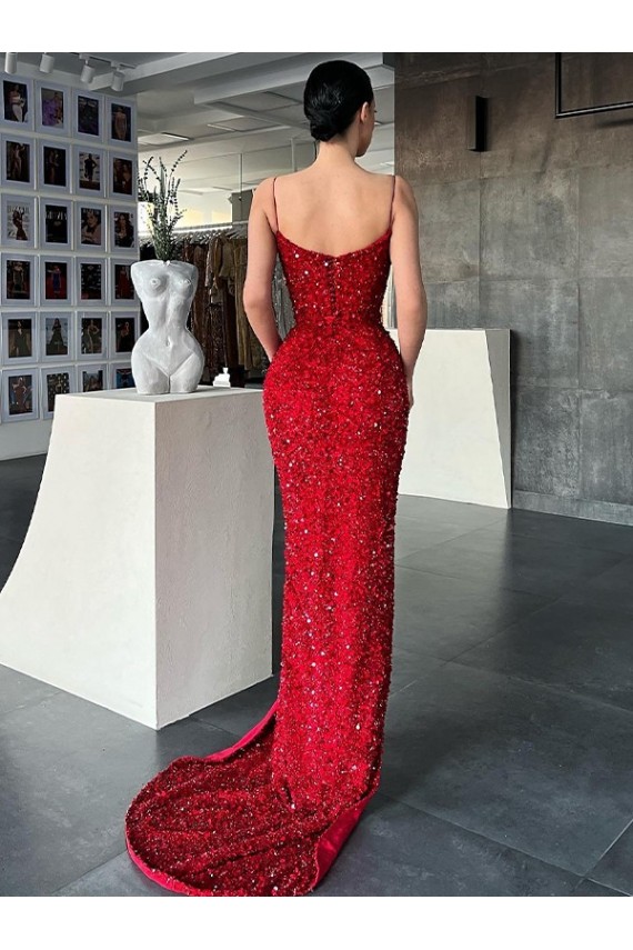 V-Neck Velvet Sequin Sleeveless Red Evening Gown / Prom Dress Edinburgh