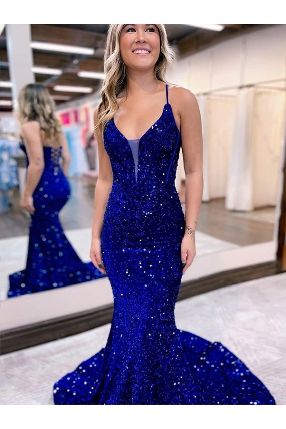 V-Neck Velvet Sequin Sleeveless Court Train Royal Blue Prom Dress Edinburgh
