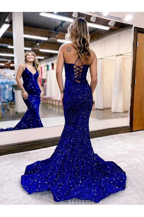 V-Neck Velvet Sequin Sleeveless Court Train Royal Blue Prom Dress Edinburgh